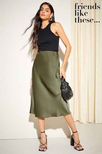 Friends Like These Green Satin Bias Midi Skirt (Q35591) | £29