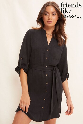 Friends Like These Black Tie Belted Mini Shirt manche Dress (Q35696) | £37