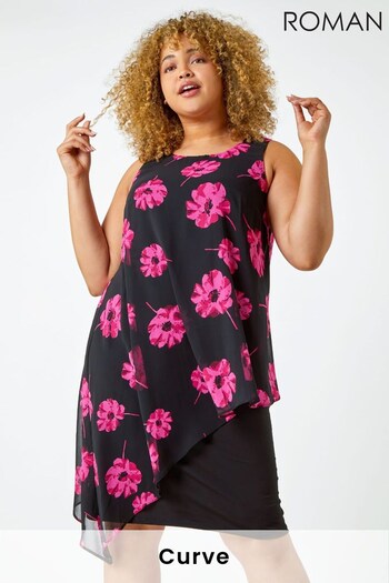 Roman Pink & Black Curve Contrast Floral Overlay Dress (Q35734) | £50
