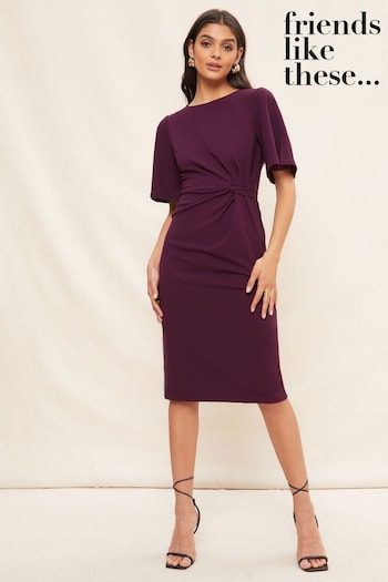 Friends Like These Burgundy Red Tailored Knot Detail Flutter Sleeve Midi Dress (Q35804) | £44