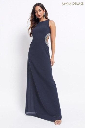 Maya Navy Round Neck Maxi  With Embellished Cut Outs (Q35827) | £99