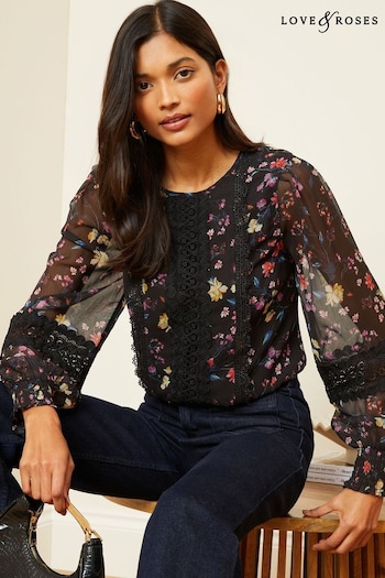 Love & Roses Black Floral Printed Crew Neck Lace Trim Long Sleeve Blouse (Q35961) | £39