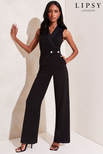 Lipsy Black Sleeveless Tailored V Neck Button Wide Leg Jumpsuit (Q36079) | £58