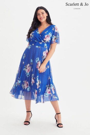 Scarlett & Jo Blue Floral Wrap Bodic Pleated Skirt Midi Dress (Q36086) | £100