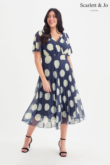 Scarlett & Jo Navy & Cream Polka Dot Wrap Bodic Pleated Skirt Midi Dress (Q36087) | £100