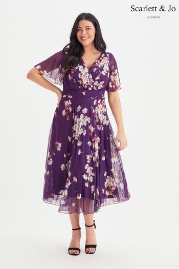 Scarlett & Jo Purple Multi Floral Wrap Bodic Pleated Skirt Midi Dress (Q36088) | £100