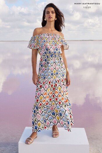 Mary Katrantzou x Lipsy White Printed Tiered Bardot Maxi Dress dress (Q36138) | £55