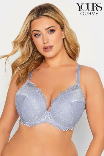 Yours Curve Blue Pretty Lace Padded Plunge T-Shirt faux-shearling Bra (Q36199) | £24