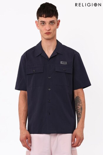 Religion Blue Regular Fit Shirt With Revere Collar And Flap Pockets (Q36294) | £75