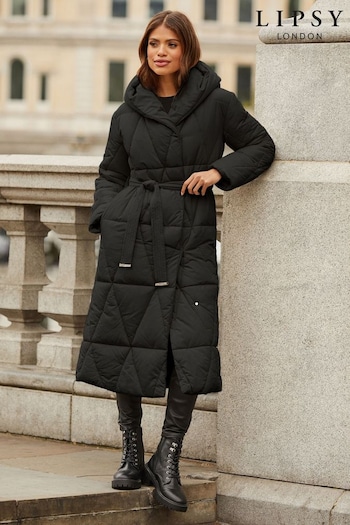 Lipsy Black Hooded Belted Longline Padded Coat (Q36297) | £92
