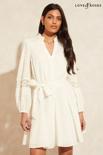 Love & Roses White Cotton Dobby Crochet Trim Belted Long Sleeve Mini Dress (Q36310) | £52