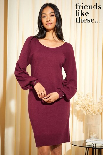 Friends Like These Red Button Cuff Knitted Scoop Neck Jumper Dress (Q36337) | £36