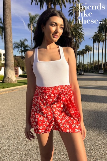 Friends Like These Red Floral Matching Belt Tie Summer Paperbag Shorts (Q36350) | £25