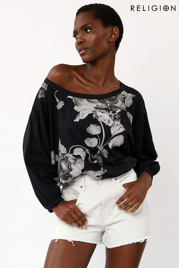 Religion Black Off The Shoulder Tunic Top With Floral Placement Print (Q36518) | £54