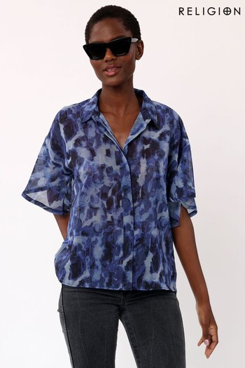 Religion Blue Short Sleeved Sheer Shirt In Beautiful Prints (Q36519) | £58