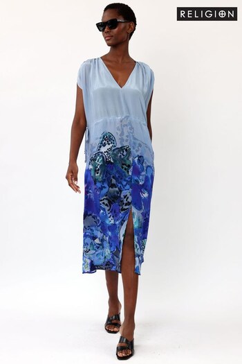 Religion Blue Midi Dress In Beautiful Border Print With Cap Sleeve (Q36526) | £110