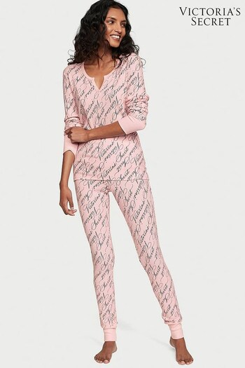 Victoria's Secret Pretty Blossom Pink And Black Vs Script Thermal Long Pyjamas (Q36538) | £49