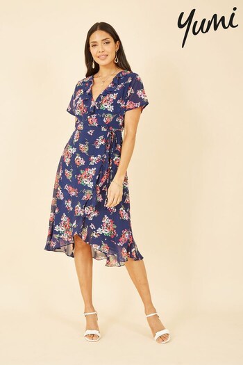 Yumi Navy Blue Multi Floral Frill Wrap Midi Dress (Q36679) | £65