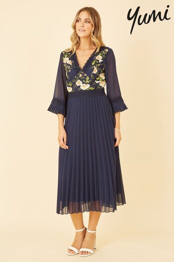 Yumi Blue Multi Embroidered Floral Pleated Midi Dress (Q36680) | £75