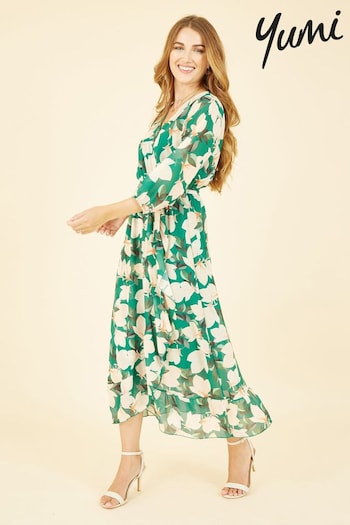 Yumi Green Multi Blossom Wrap Midi Dress With 3/4 Sleeves (Q36687) | £65