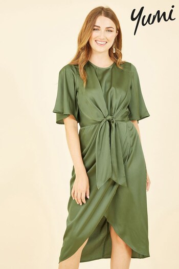 Yumi Green Satin Tie Detail Midi Dress (Q36688) | £65