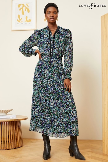 Love & Roses Black Ditsy Petite Printed V Neck Belted Long Sleeve Midi Dress (Q36726) | £72