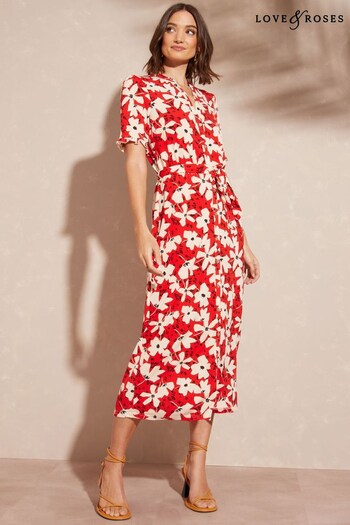 Love & Roses Red Floral Jersey Ruffle Sleeve Belted Shirt Dress (Q36729) | £48