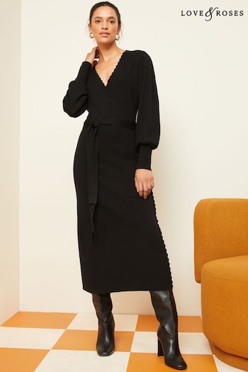 Wedding Guest Dresses Black Knitted Scallop Wrap Over Jumper Dress (Q36843) | £62