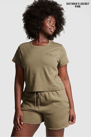 Victoria's Secret PINK Dusted Olive Green Short Sleeve Shrunken T-Shirt (Q36897) | £20