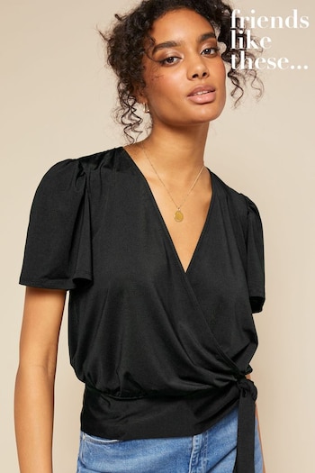 long-length knitted-detail shirt Brown Black Jersey Flutter Sleeve Tie Front Wrap Top (Q36951) | £28