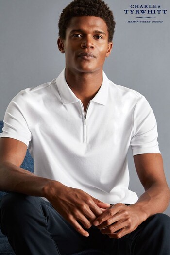Charles Tyrwhitt White Plain Short Sleeve Zip Jersey t-shirt Polo Shirt (Q37096) | £60