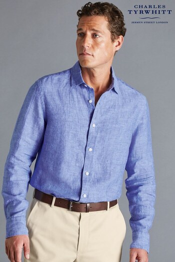 Charles Tyrwhitt Cobalt Blue Plain Slim Fit Pure Linen Shirt (Q37110) | £70