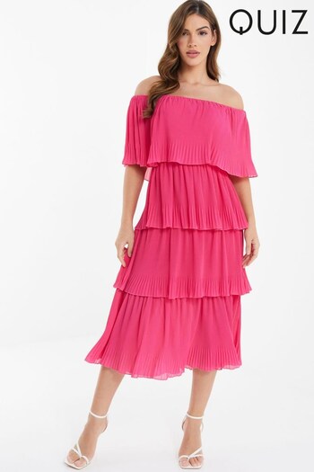 Quiz Hot Pink Bardot Pleated Tiered Midaxi Dress (Q37285) | £50