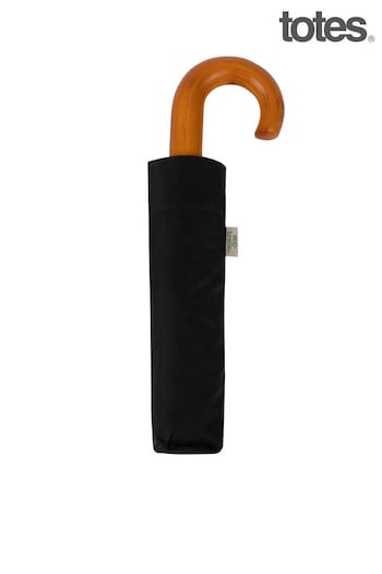 Totes Black Manual Umbrella with Wood Crook Handle (Q37305) | £19