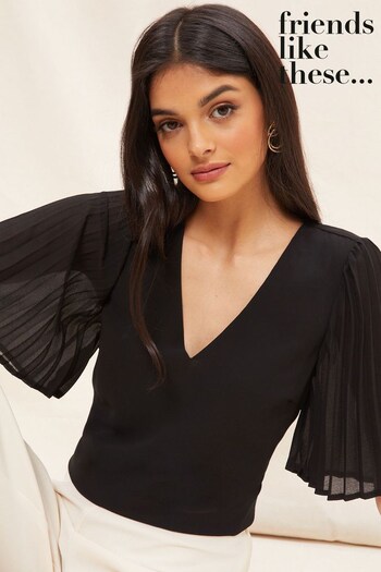 Friends Like These Black Pleat Sheer Sleeve V Neck Top (Q37327) | £30