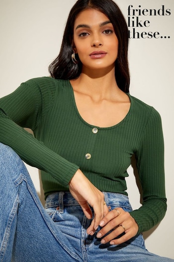 Contrast sweater bodice Green Long Sleeve Scoop Neck Ribbed Button Top (Q37613) | £25