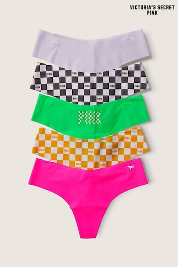 Victoria's Secret PINK Pink/Green/Orange Check Thong Smooth No Show Knickers 5 Pack (Q37692) | £25