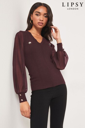 Lipsy Berry Red Chiffon Sleeve V Neck Knitted Jumper (Q37739) | £39