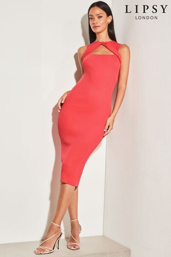 Lipsy Rose Pink Twist Front Sleeveless Knitted Midi Bodycon Dress (Q37740) | £48