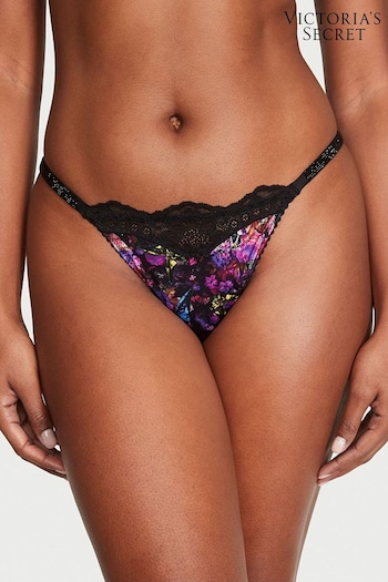 Victoria's Secret Moody Floral Black Lace Thong Shine Strap Knickers (Q37768) | £10