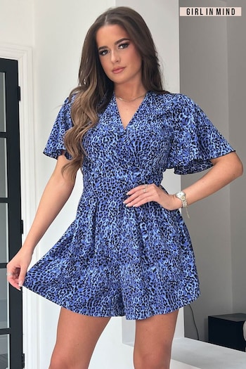 Girl In Mind Blue Leopard Sara Short Sleeve Wrap Playsuit (Q37879) | £40
