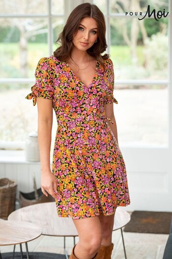 Pour Moi Black Ditsy Floral Bella Slinky Recycled Jersey Tie Sleeve Tea Denim Dress (Q38008) | £45