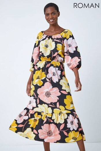 Roman Yellow & Black Floral Print Tiered Hem Maxi Dress (Q38142) | £45
