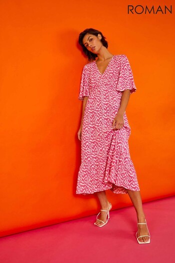 Roman Pink & White Zig Zag Print Tiered Hem Midi Dress (Q38143) | £45