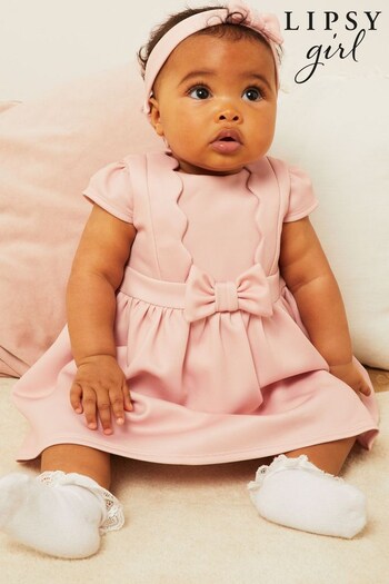 Lipsy Pink Baby Scallop Scuba Dress With Headband (Q38146) | £28