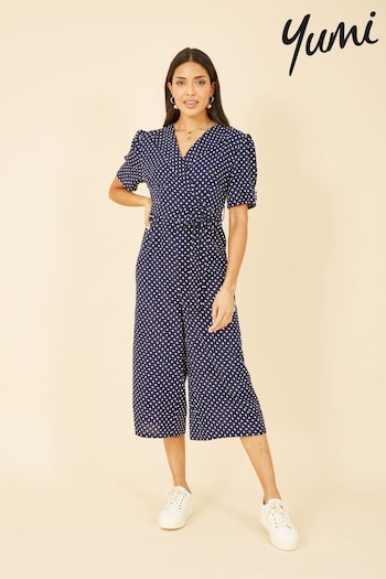Yumi Blue & White Spot Print Retro Culotte Jumpsuit (Q38215) | £68