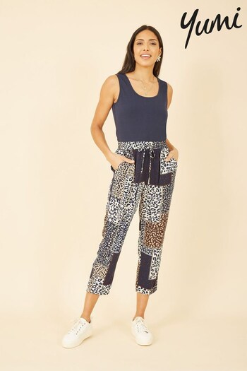 Yumi Blue & Brown Multi Patchwork Animal Print Cropped Trouser (Q38219) | £50
