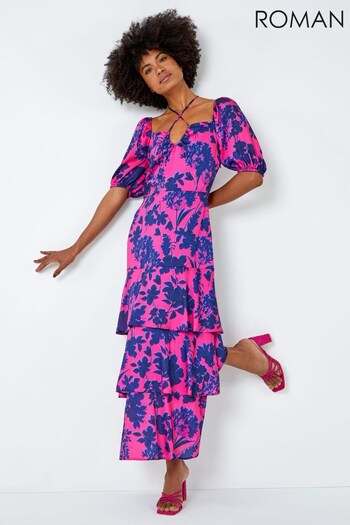 Roman Pink & Blue Floral Puff Sleeve Tiered Frill Maxi Dress (Q38246) | £65