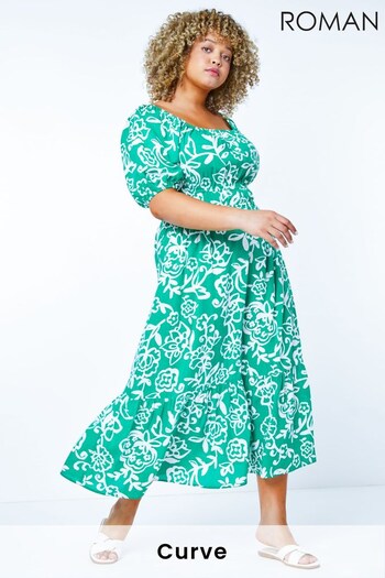 Roman Green Curve Stretch Waist Midi Dress (Q38264) | £45