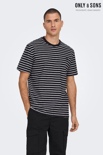 Only & Sons Navy Blue and White Short Sleeve Stripe T-Shirt (Q38272) | £15